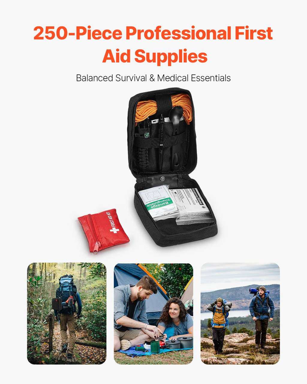 VEVOR Survival First Aid Kit with 250-piece medical supplies in durable 600D nylon bag for outdoor emergency use