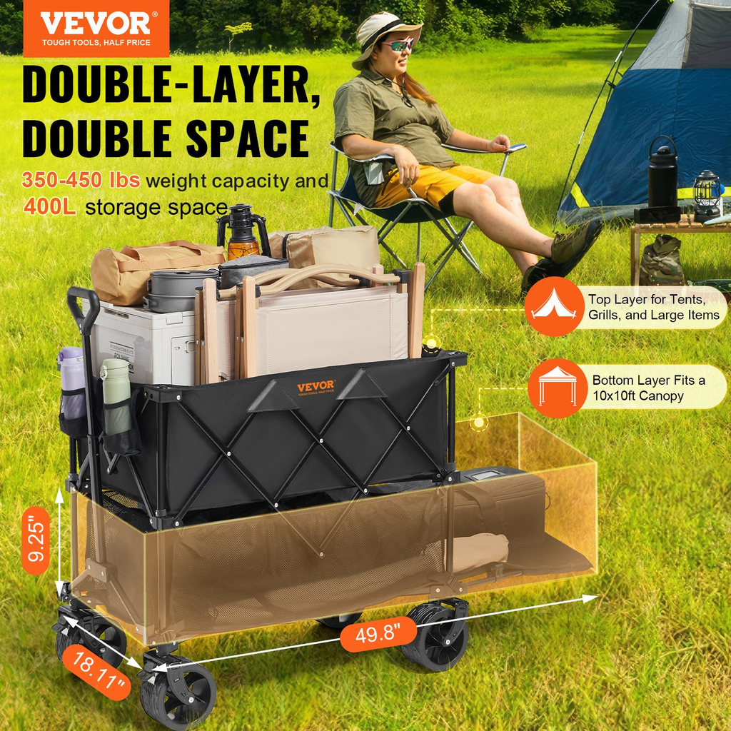VEVOR Foldable Double Decker Wagon with 400L capacity and all-terrain wheels for camping and shopping