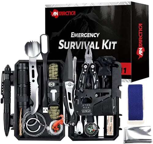Military Outdoor 60 in 1 emergency survival kit with multi-tools, first aid, flashlight, compass, and compact waterproof case.