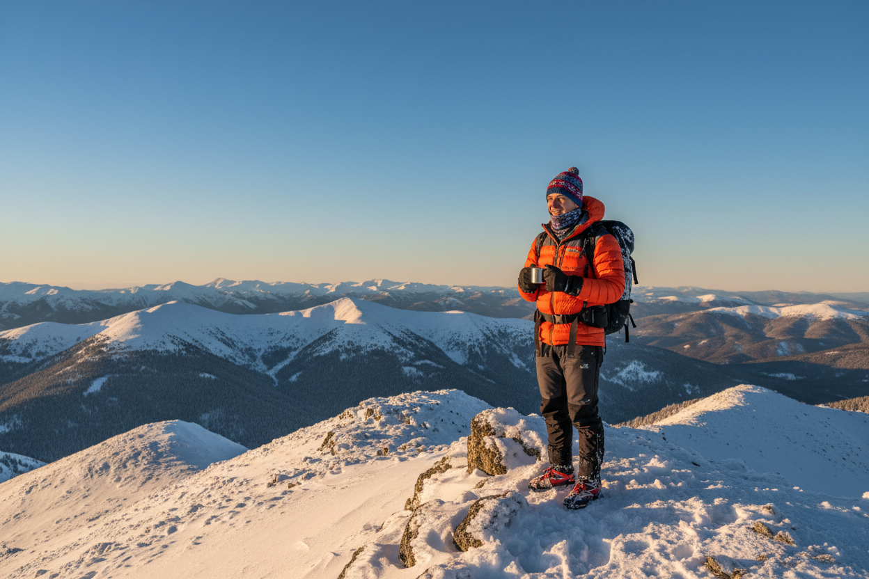 Winter hiking on top of a mountain nice and warm 